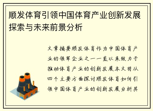 顺发体育引领中国体育产业创新发展探索与未来前景分析