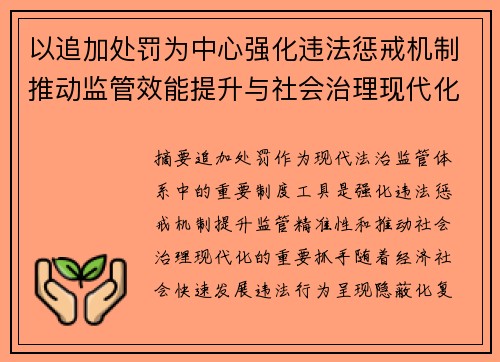 以追加处罚为中心强化违法惩戒机制推动监管效能提升与社会治理现代化融合发展 以追加处罚为中心强化违法惩戒机制推动监管效能提升与社会治理现代化融合发展